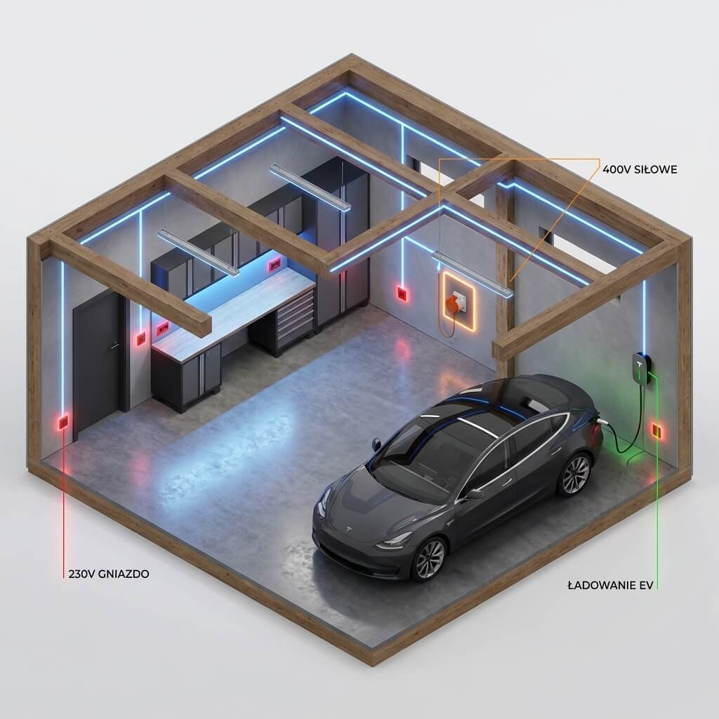 Planowanie instalacji elektrycznej w garażu -obwody, oświetlenie i siła