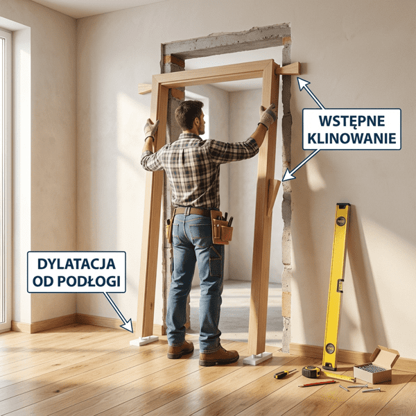 Wstawianie ościeżnicy w otwór – pierwsze przymiarki